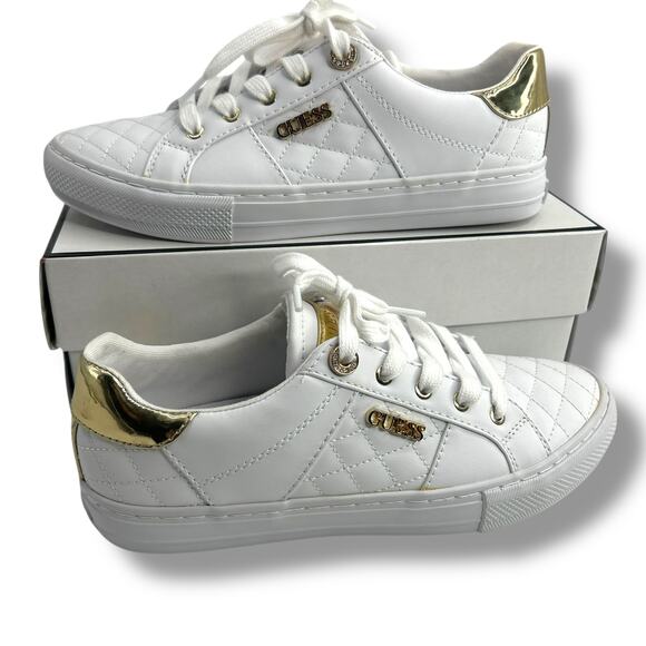 NEW Guess White Sneakers 7.5 Gold Embellished Loven Lace Up Sneakers Quilted - Picture 10 of 13
